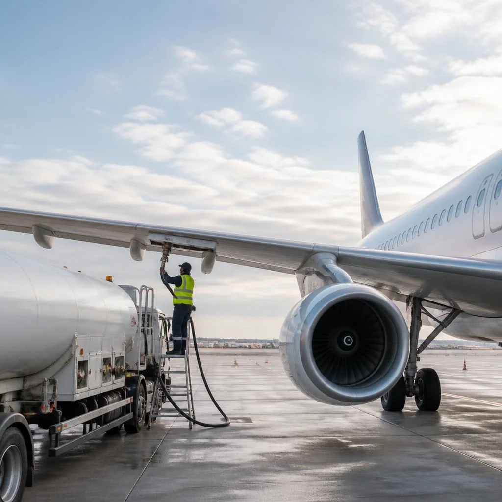 Aircraft being refuelled by a service truck on the ramp