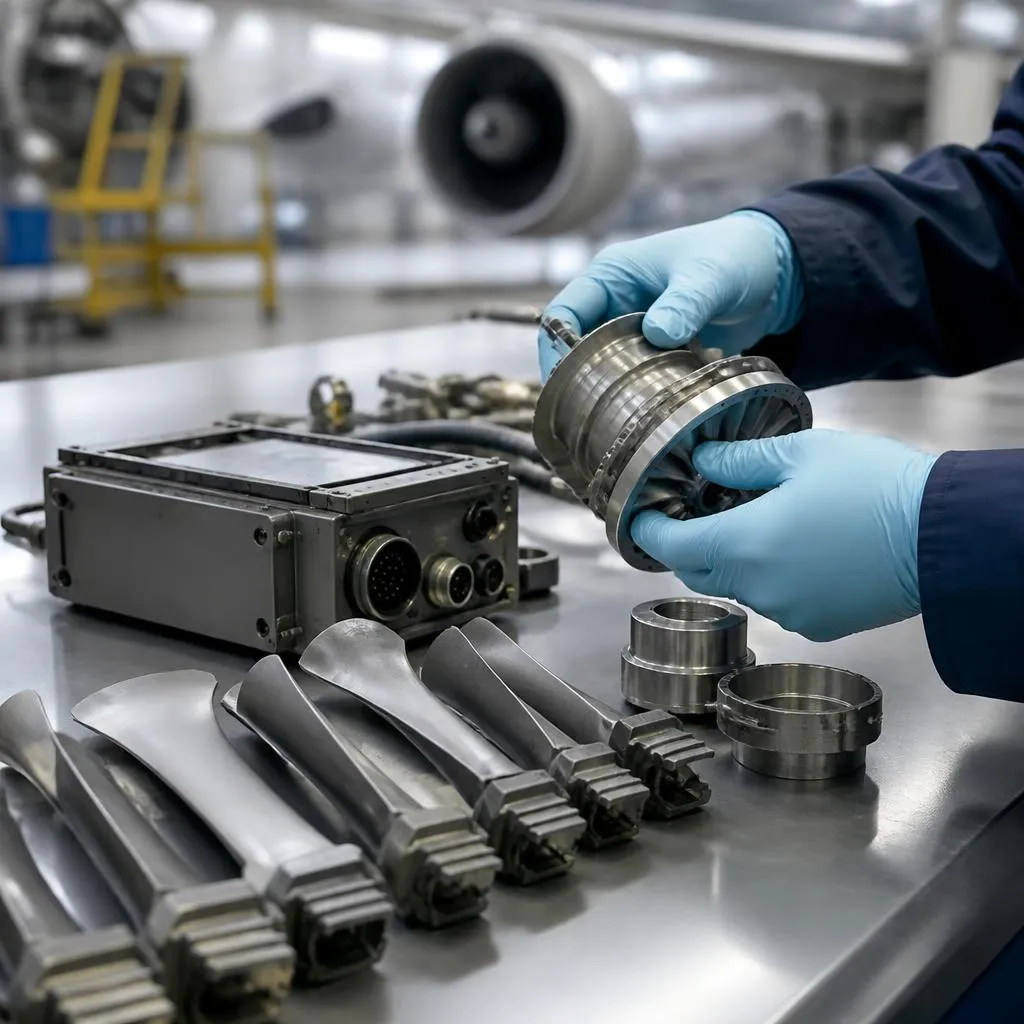 Technician checking turbine components on an inspection table