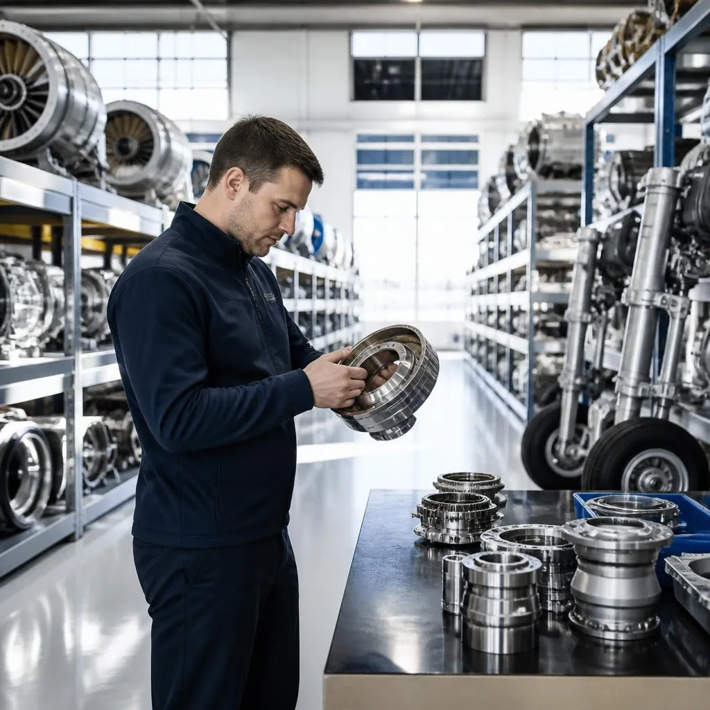 Technician inspecting aircraft components in an unbranded parts warehouse