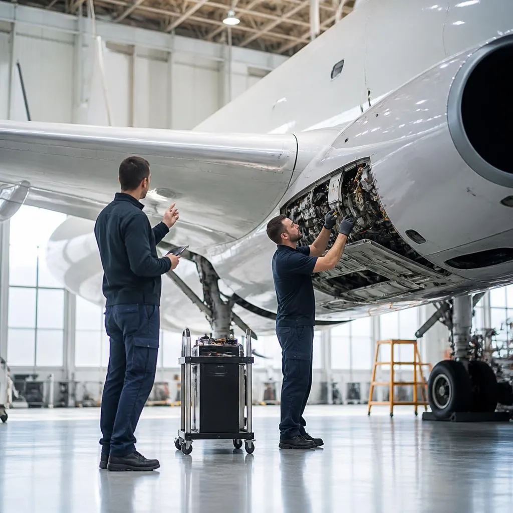 Maintenance crew checking an aircraft engine inside a hangar