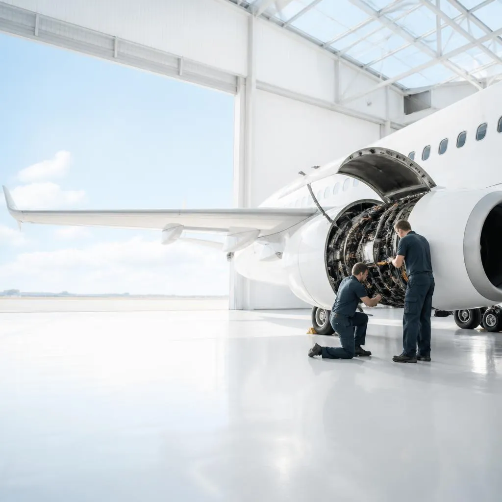 Technicians inspecting an unmarked aircraft engine in a bright hangar