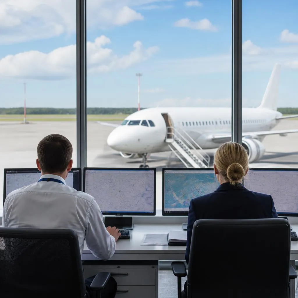Flight operations coordinators reviewing routes beside airport windows