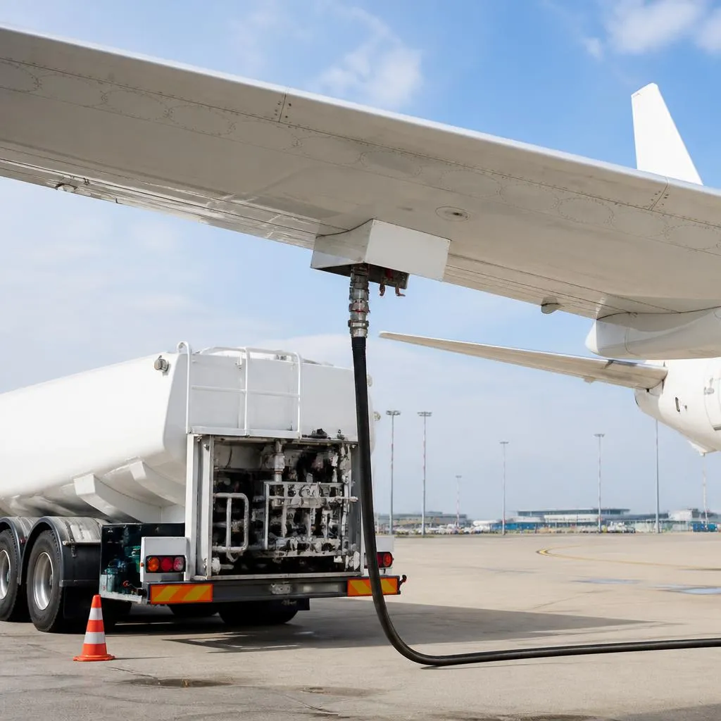 Fuel hose and unmarked tanker beneath the wing of a white aircraft